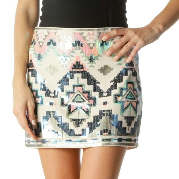 Express Aztec Sequin Embellished Fully Lined Mini Skirt - Picture 1 of 14